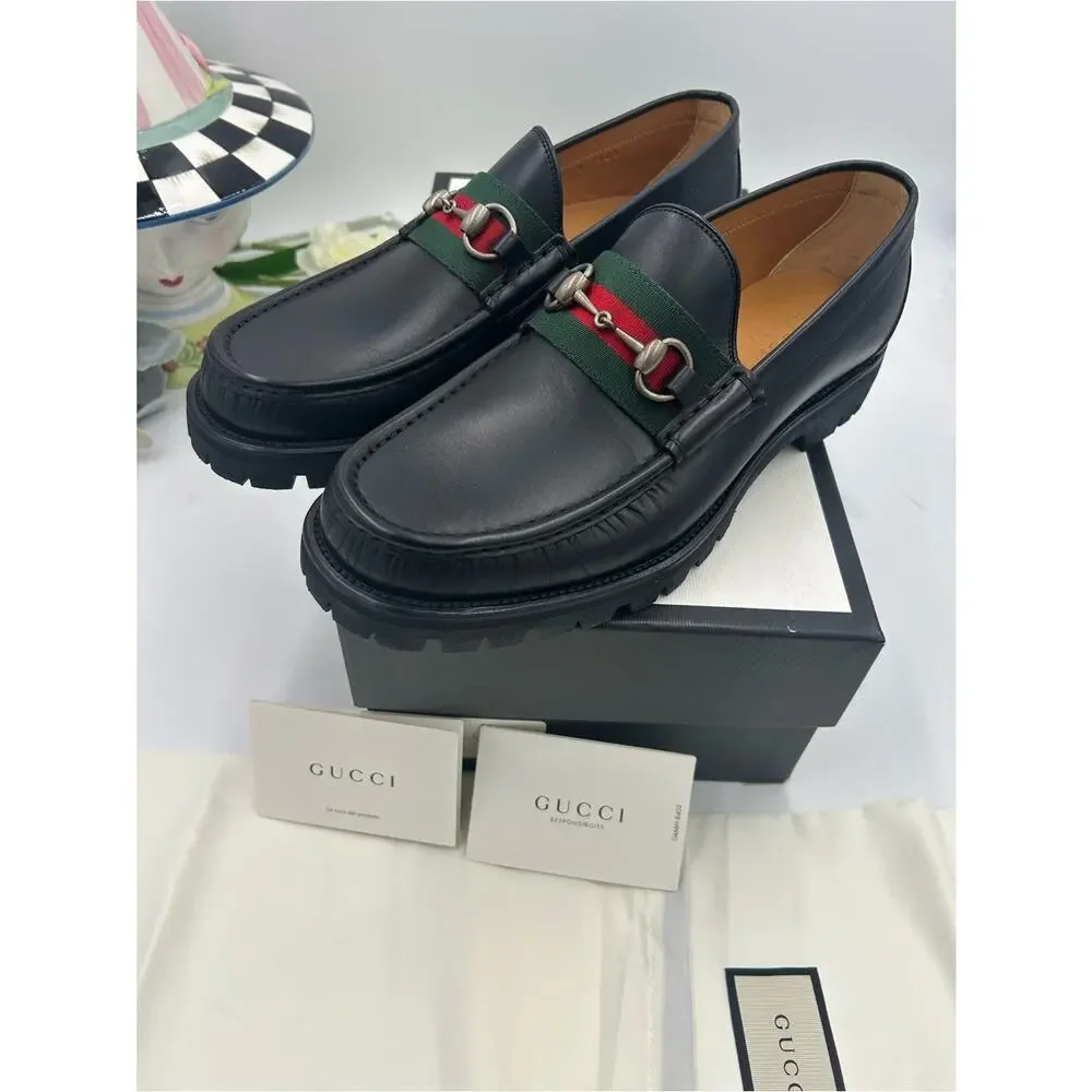 Men's Gucci lug sole web stripe horse bit loafers size 9 fits 9.5 US made Italy